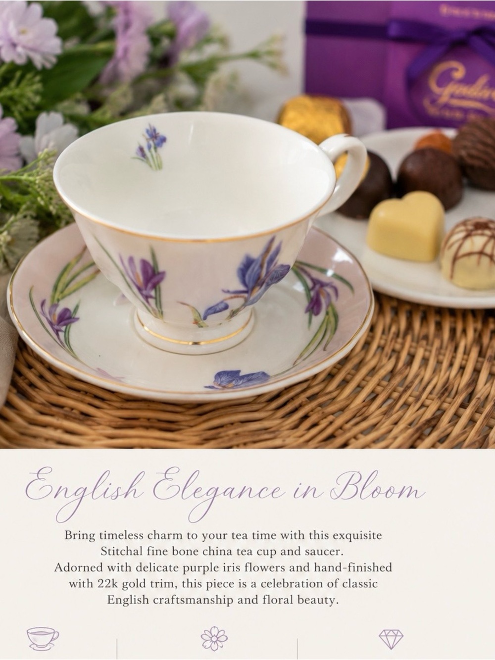 Fine Bone China Tea Cup & Saucer with Purple Iris and Gold Trim